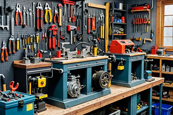 Professional engine repair workshop with tools and equipment