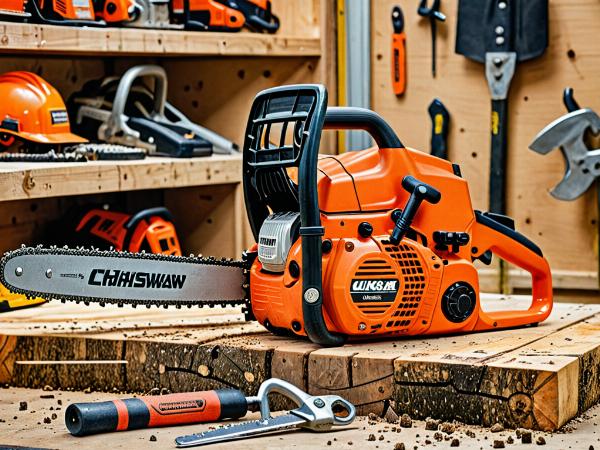 Chainsaw safety equipment and maintenance tools displayed in workshop