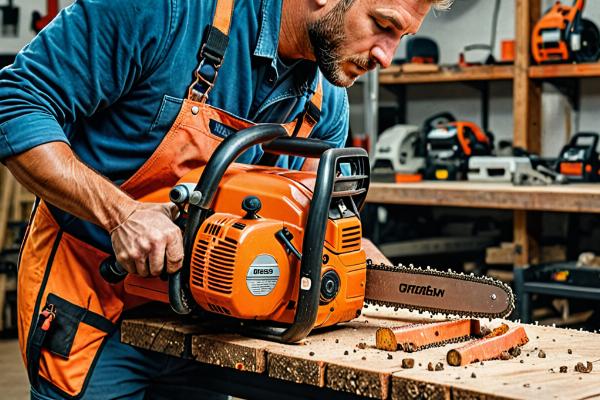 Professional chainsaw repair service showing technician working on chainsaw engine