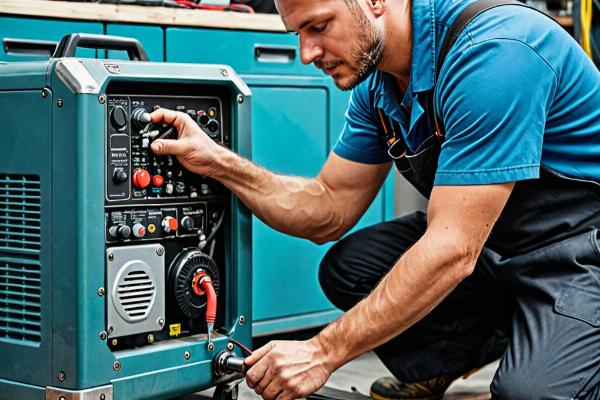 Professional generator repair service showing technician working on portable generator