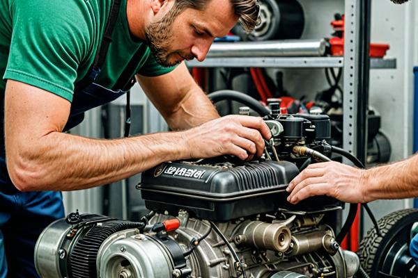Professional lawn mower repair service showing technician working on mower engine